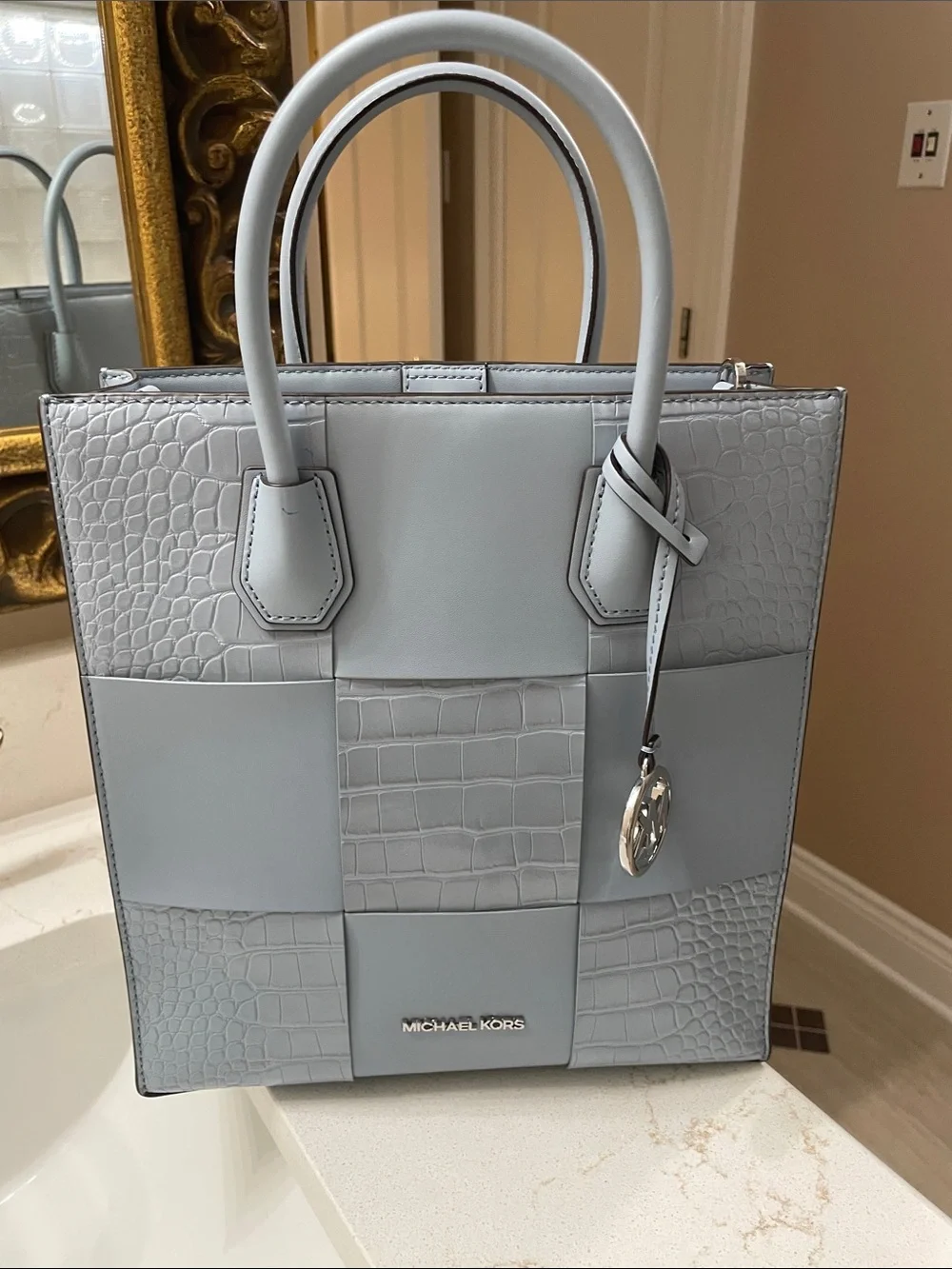 Michael Kors Gray/Blue Patchwork Croc-Embossed Tote with Pouch